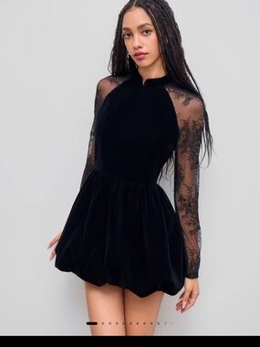 NWT. Cider Black Lace Sleeve Velvet Mini Dress